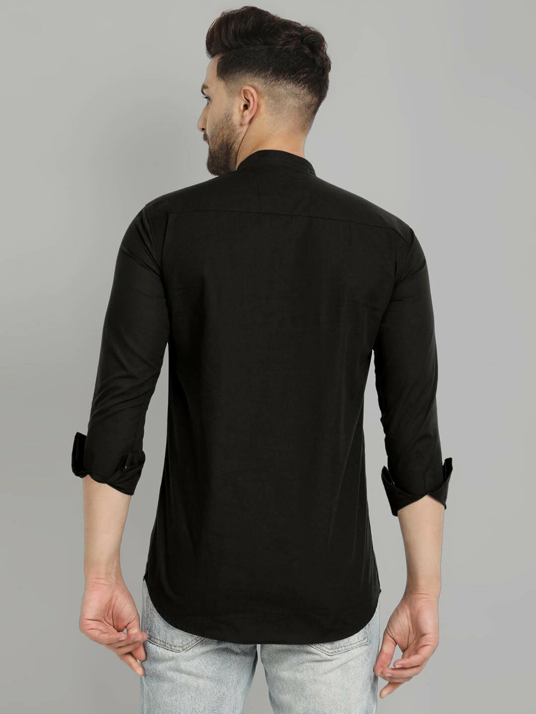 Royalscout Men's Cotton Blend Full Sleeve Short Kurta With Mandarin Collar Black