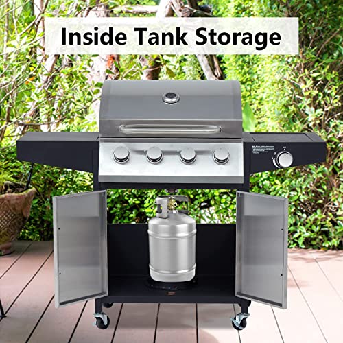 Kinbor Patio Bbq Propane Gas Grill - 4 Burner Cabinet Style Outdoor Garden Barbecue Grill With Side Burner And Lockable Wheels For Camp Cooking Barbecue (Stainless Steel) #TOP4
