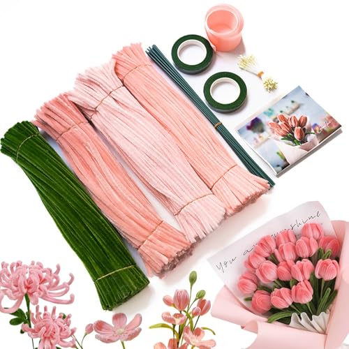 400pcs Cure Pipe Tulipes pour Travaux Manuels, 30cm x 6mm Bouquet Cure Pipe Chenille, pour Loisirs Creatifs de fleurs, avec Tape, Noyau de Fleur et Tige Fleur Artificielle, Décorations DIY