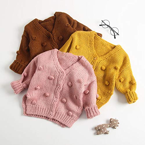 Cardigã de gola redonda com botão e gola redonda para bebês meninos e meninas, Pompom # Yellow, 2-3T