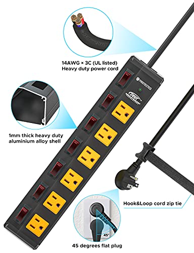 Crst 6 Outlet Heavy Duty Power Strip With Individual Switches, 15A/1875W Moutable Metal Power Strip Surge Protector With Circuit Breaker (1200 Joules), 6 Ft 14Awg Extension Cord #TOP4