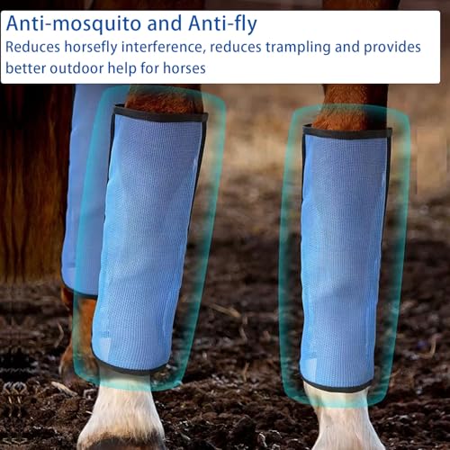 Image of Horse Fly Protection Boots with Leather Frame, Mesh Leg Wraps for for Adult Horses and Donkeys, Set of 4 (Blue, L)