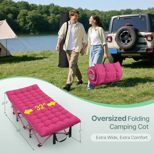 Image of Suteck 32 inch XXL Folding Camping Cot, 900LBS Heavy Duty Sleeping Cots | With Pillow Mattress & Carry Bag, 1200D Double-Layer Oxford Fabric Portable Cot Bed for Adults, Home, Office, Beach & Travel