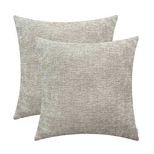 Image of CaliTime Pack of 2 Cozy Throw Pillow Covers Cases for Couch Sofa Home Decoration Solid Dyed Soft Chenille 12 X 12 Inches Light Taupe