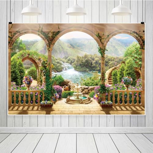 Leowefowa Garden Balcony Flowers Backdrop Vinyl 8x4ft Romantic Arches Photography Background Mountain Sea Landscape Waterfall Wedding Birthday Party Decoraction Photo Booth Backdrop Props - 2