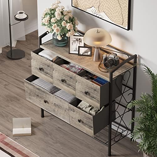 Yahoms Chest of Drawers,Fabric Storage Drawers with Wooden Top & Sturdy Steel Frame, Chester Drawer for Bedroom, Closet, Hallway, Cloakroom (Rustic Brown)