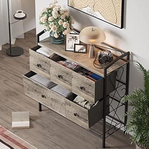 Yahoms Chest of Drawers,Fabric Storage Drawers with Wooden Top & Sturdy Steel Frame, Chester Drawer for Bedroom, Closet, Hallway, Cloakroom (Rustic Brown) Cover