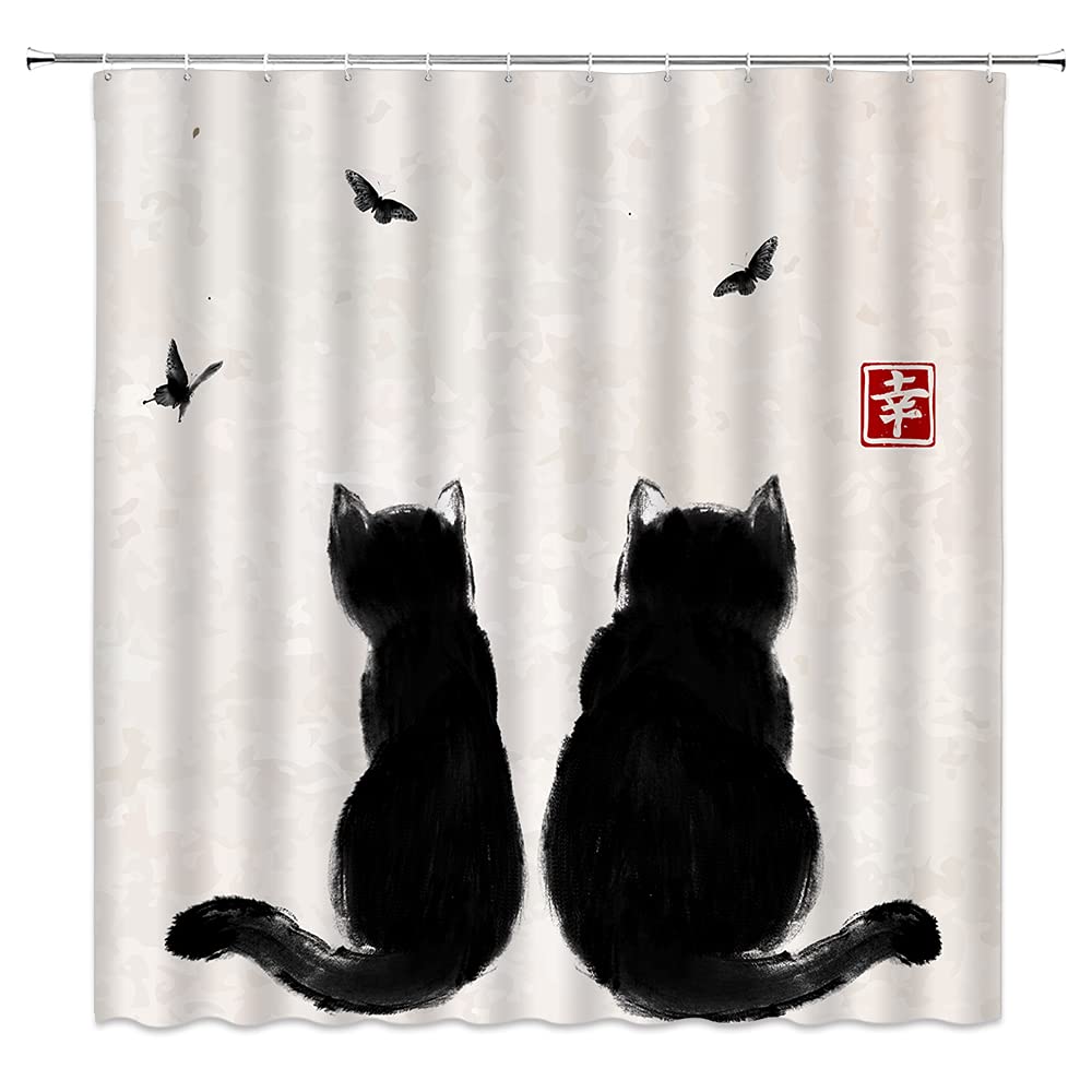 Cat Shower Curtain Funny Black Cat Butterfly Retro Animation Creative Fashion Design Japanese Pet Cat Polyester Fiber Suitable for Bathroom Decoration with 12 Hook Accessories