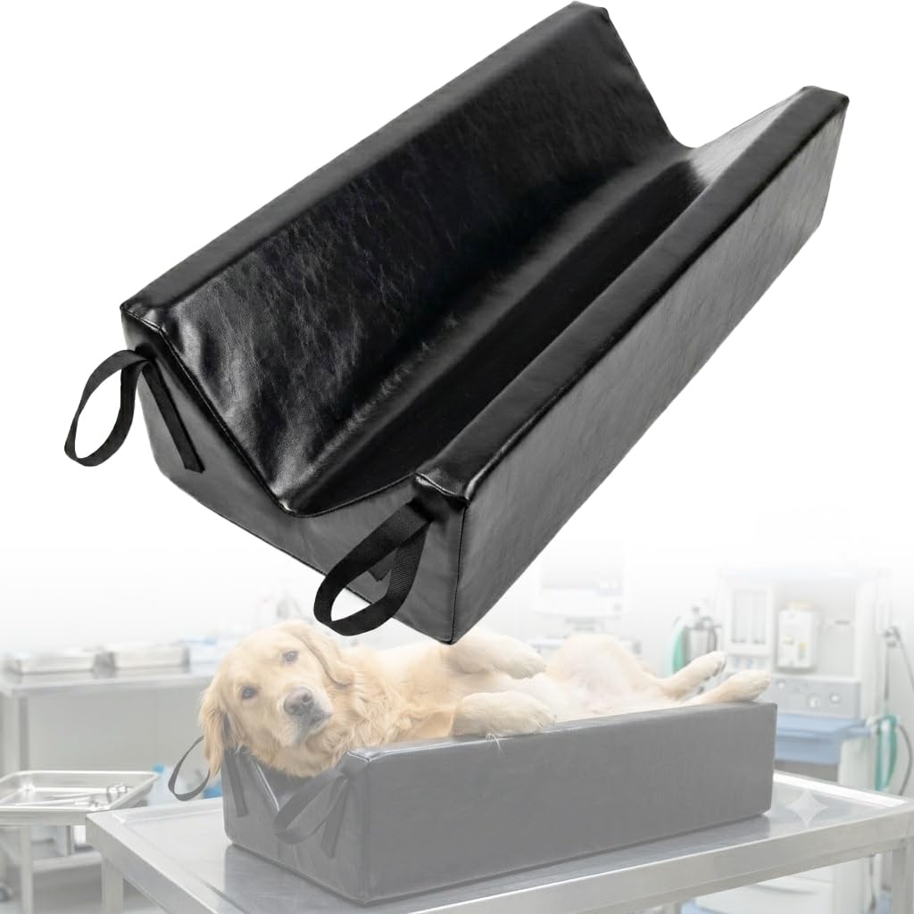 V-Shaped Pet Positioning Pad, High-Density Foam Wedge with 4 Fastening Straps for Physical Support, Synthetic Leather Surface for Dogs and Cats (29.5" x 13.3")