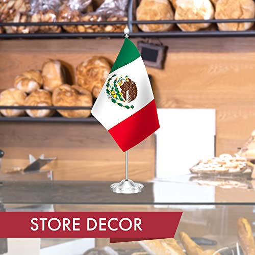 G128 Mexico Mexican Deluxe Desk Flag Set | 8.5X5.5 In | Printed 300D Polyester, With Silver Dome And Base, 15" Metal Pole, Decorations For Office, Home And Festival Events Celebration #TOP5