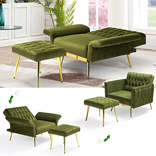 Acmease Velvet Accent Chair W/Adjustable Armrests And Backrest, Button Tufted Lounge Chair, Single Recliner Armchair With Ottoman And Pillow For Living Room, Bedroom,Olive Green #TOP4