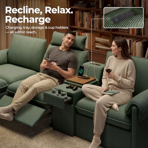Image of CHIC HOUSE 95 inch Modular Power Reclining Loveseat Sofa with Console, Green