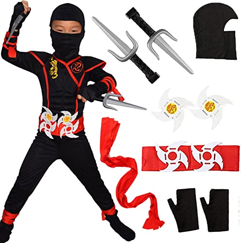 Windskids Ninja Déguisement Enfant Costume Rouge Noir Soldat Assassin Vêtements avec Guerrier Musculaire Accessoires pour Cosplay Halloween Carnaval Anniversaire Mascarade Party Soirée Âge 4-12 Ans