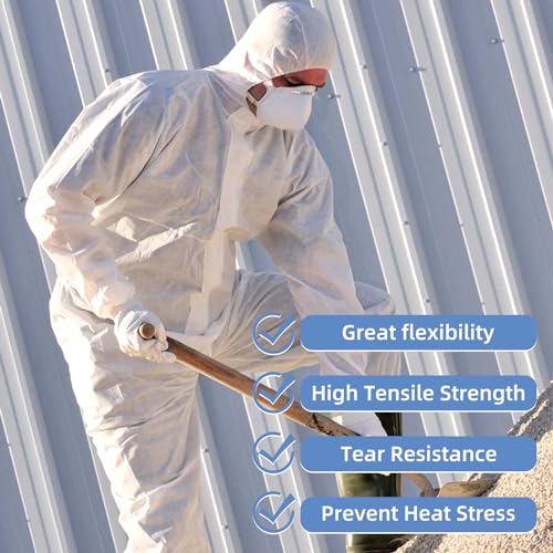 ETERNA Hazmat Suits- 5 Pack Disposable Protective Coveralls with Hood, Zipper, Elastic Wrists, Shoe Covers for Men & Women, Shield from Dirt, Dust, Paint (White, Large)