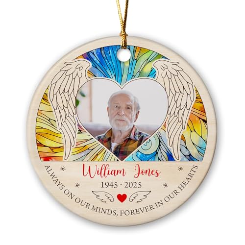Personlig ängel gravprydnad, anpassat foto och namn minnesmärke julprydnader 2025, Always On Our Minds Forever in Our Hearts keramisk prydnad, påminnelse om minnessak för någon i himlen