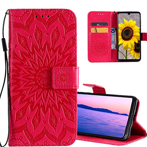 COTDINFORCA Case per Moto E6S 2020 Custodia Cover Flip Goffratura Girasole Caso in PU Pelle Portafoglio Magnetica Porta Carta Custodia per Motorola Moto E6S 2020 Red Sunflower KT.