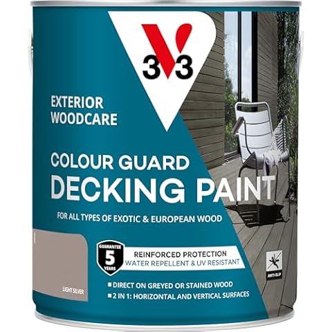 V33 Colour Guard Decking Paint Light Silver 2.5L | 5 years guarantee | 2 in 1 | Anti-slip | Washable | Matt opaque finish | Water repellent | UV resistant Cover