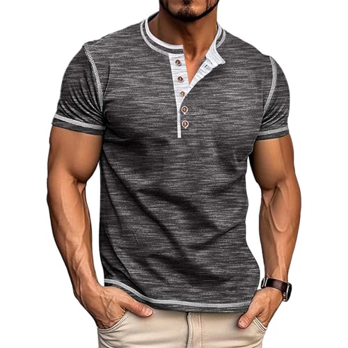 YSERB Men's Henley Shirts Short Sleeve Fitted Muscle T-Shirt Distressed Fashion Casual Basic Henley T-Shirts All Day Comfort Gray