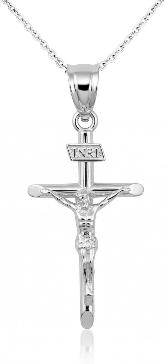 Religious Jewelry .925 Sterling Silver 1.18" INRI Crucifix Cross Pendant Necklace - Choice of Length