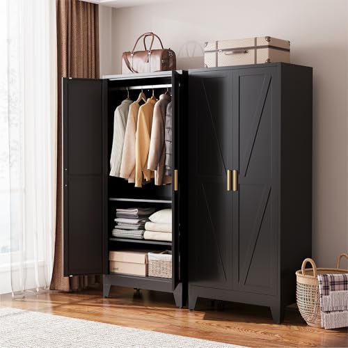 COFaR Black Metal Wardrobe Closet 2-in-1 Design 71 Freestanding Armoire with Adjustable Hanging Rod & Shelves Convertible Storage/Hanging Cabinet for Bedroom
