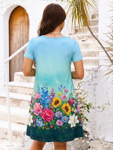 Image of Heymoments Women's Short Sleeve Crewneck Sundress Summer Casual A-Line Beach Dress with Pockets S-2XL