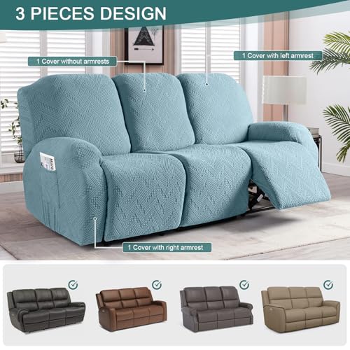 Image of Ruaozz Recliner Couch Covers 3 Pieces Sofa Recliner Covers with Pockets Stretch Reclining Slipcover Washable Furniture Protector with Elastic Bottom (3 Seater, Light Blue)