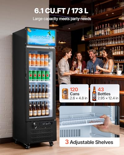 Image of VEVOR Commercial Merchandiser Refrigerator, 6.1 Cu.Ft / 173 L Glass Door Display Refrigerator, Upright Beverage Cooler with Customizable Lightbox, 3 Adjustable Shelves & Soft LED Light for Homes Shops