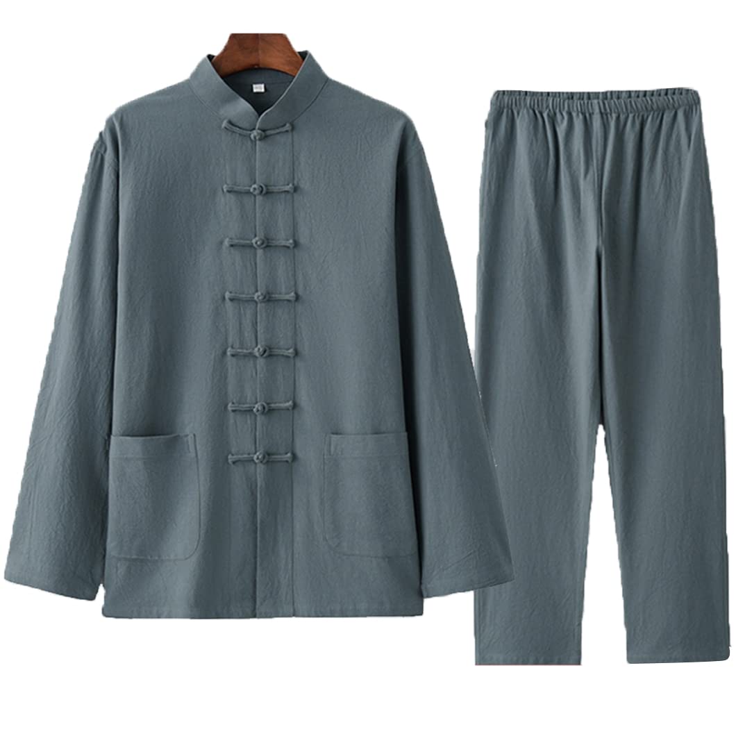 QPZK Baumwolle Leinen Tai Chi Uniform Kung Fu Anzug Chinesisch Traditionelle Kleidung Tang Anzug Herren Kampfkunst Jacke Atmungsaktiv Langarm Mantel Tops Zen Meditation Uniform, grün, L/XL