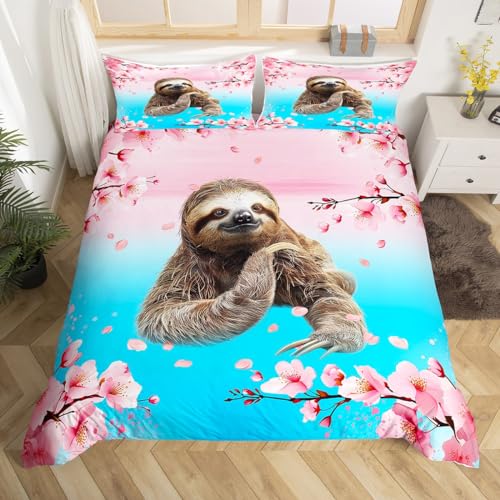 Erosebridal Sloth Duvet Cover Wild Animal Twin Bedding Sets for Girls,Cherry Blossom Comforter Cover Gradient Blue Pink Japan Floral Bed Set,Japanese Flowers Cute Room Decor
