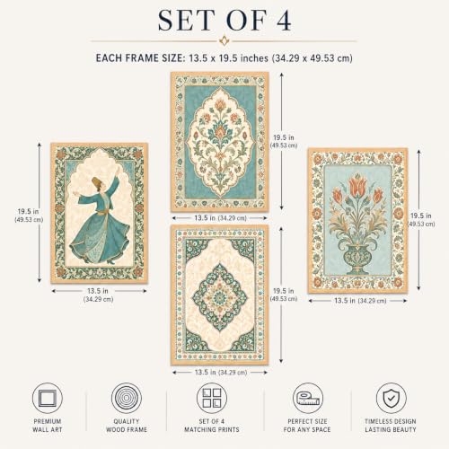 Image of Livin'luxe Set of 4 Persian Floral & Sufi Dancer Wall Paintings with Sparkle Laminate and Premium Wooden Synthetic Frame for Living Room Bedroom Office Decor (13.5 x 19.5 Inch)