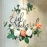 Eid Ramadan Mubarak Wreaths for Front Door, Artificial Flowers Islam Hanging Spring Wreath, Eid Decorations for Home Indoor and Outdoor Wall Window Party Crafts Decor