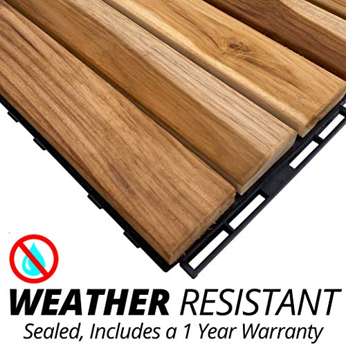 Mammoth Sustainably Sourced Solid Teak Wood Tools Free Assembly Interlocking Deck Tiles, Water Resistant Outdoor Patio Pavers or Composite Decking Flooring, Pack of 11 (11 SQFT) (Stripe)