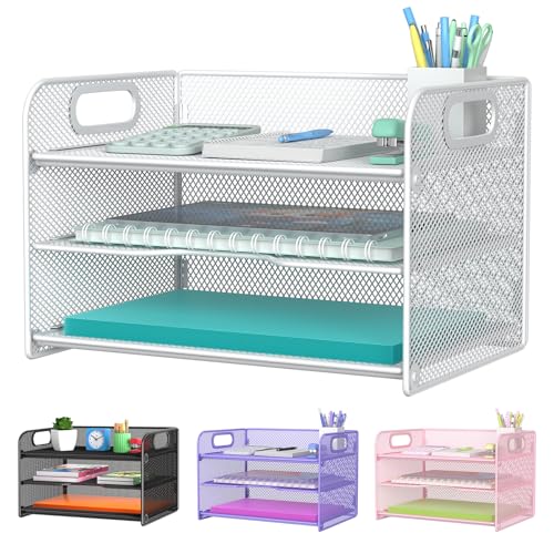 Samstar 3 Tier White Letter Tray Paper Organizer with Handle, Mesh Desk Organizer Paper Sorter File Rack Shelves, White