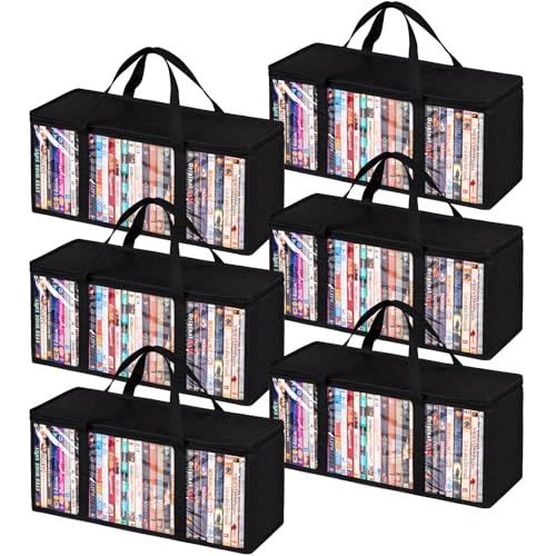 Criusia Pacote com 6 bolsas de armazenamento de DVD, organizador de mídia de PVC transparente com zíper e alças, estojo empilhável para CDs, Blu-ray, videogames, álbuns, capas de filmes