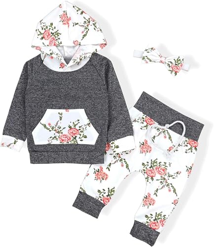 Image of oklady Baby Girl Clothes,Hoodie Tops Floral Pant with Cute Headband Baby Girl Fall Outfits