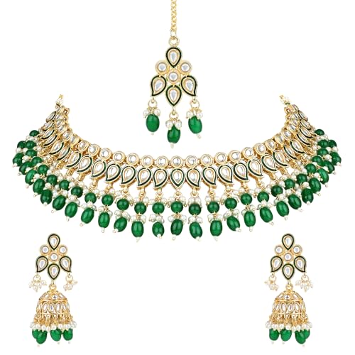 Image of I Jewels Gold Plated Traditional Kundan Pearl Meenakari Choker Necklace Jewellery With Jhumka Earrings Set For Women /Girls