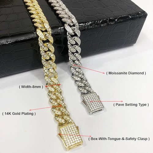 SAVEARTH DIAMONDS - Husband Birthday Gift Ideas, Bracelets for Men, 14k Gold Over Sterling Silver 3.50-4.00 Ct Round Cut Lab Created Moissanite Diamond, 8MM Width Cuban Chain Bracelet, VVS1 Clarity2