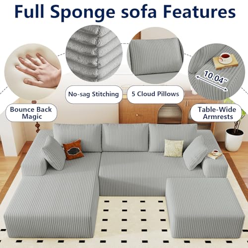 Image of 96 inch Modular Sectional Sofa with Ottoman, Modern Corduroy Cloud Couch with Deep Seat, Boneless Couch Upholstered 3-Seater U-Shaped Sofa for Living Room, No Assembly (Light Grey, Left-Facing Chaise)