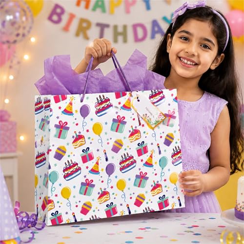 Image of Birthday Gift Bags Large - Paper Bags for Return Gifts - Pack of 5 | Large Carry Bags for Gifts | Return Gift Bags for Kids Birthday Party | Paper Bags for Gifting | 14 x 10.5 x 4 Inch | Bag with Tissue, Tag & Banner