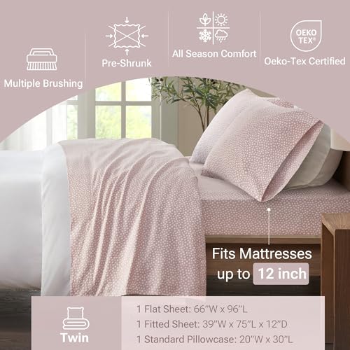 Image of True North by Sleep Philosophy Cozy Flannel Warm 100% Cotton Sheet - Novelty Print Animals Stars Cute Ultra Soft Cold Weather Bedding Set, Twin, Blush Dots 3 Piece