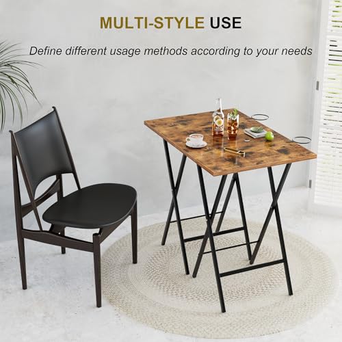 Image of VECELO Folding TV Tray for Eating Set of 2, Portable Dinner /Snack Table with Cup Holder for Couch, Living Room and Small Space, Antique Brown