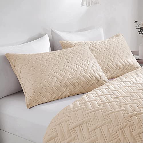 Image of HOMEKART 100% Microfiber Ultrasonic 280 Tc Solid King Size Quilted Bed Cover /Bedsheet with 2 Pillow Covers, (Luxurious, Beige 90X100 Inches, 254X228 Cm)