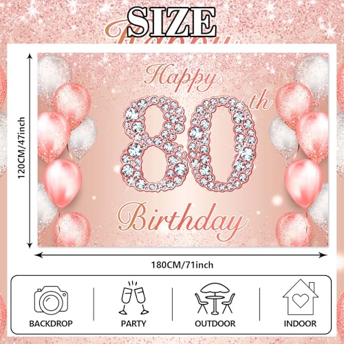 Image of Happy 80th Birthday Rose Gold Banner Cheers to 80 Years Old Backdrop Confetti Balloons Theme Decor for Women 80 Years Old Pink Birthday Party Decorations Bday Supplies Background Favors Gift Glitter