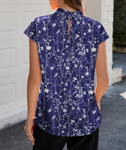 Image of Funlingo Womens Summer Tops Mock Neck Short Cap Sleeve Blouses Business Casual Work Chiffon Shirts Front Pleated Tunic Top