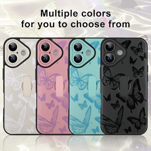 Image of for iPhone 16 Case with Finger Strap Holder, Cute Cool Butterfly Print Pattern Design for Women Men, Shockproof Anti Scratch Hand Kickstand Protective Cover, White
