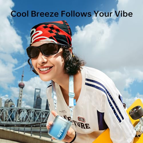 Image of JISULIFE Portable Neck Fan, 100 Adjustable Speeds, 40000 RPM Cooling, Mini Personal Wearable Fan, 4500mAh USB Rechargeable, 16H Runtime, LED Display - Gifts for Outdoor, Travel, Camping, Summer (Blue)