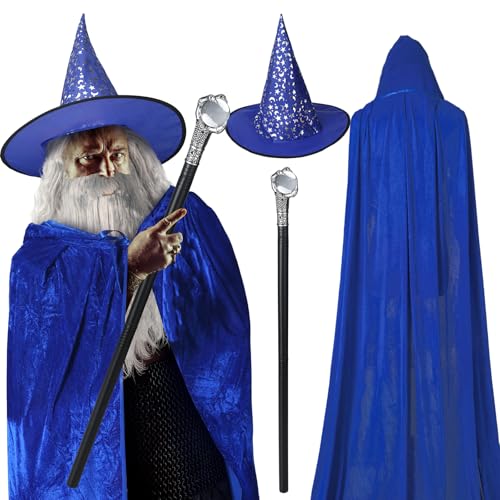 Hicarer 4 Pcs Halloween Wizard Costume Set Include Wizard Hat Cloak Wig Beard Wand Costume Accessories for Adults(Blue,Classic)