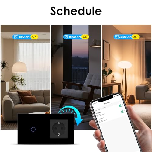 BSEED Smart Alexa Lichtschalter,WIFI Lichtschalter mit Steckdose Kompatibel mit Alexa,Google Home,Glas Touchscreen-schalter,Smart Lichtschalter 1 Fach 1 Weg Schwarz(Neutrale Leitung ben&ouml;tigt)