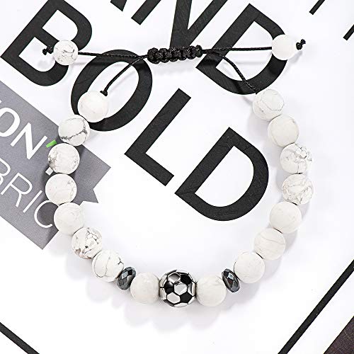 Jeka Football Soccer Beads Charm Bracelet For Men Boys Sports Jewelry White Howlite 10Mm Natural Stone Matte Adjustable Gift Cool #TOP1
