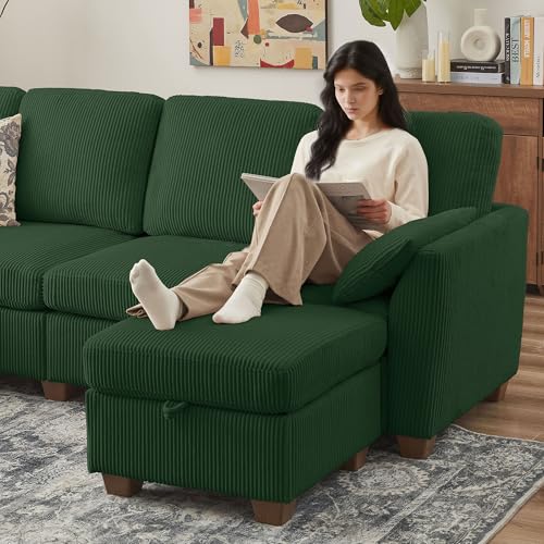 Image of Sectional Sofa with Storage Ottomans & Coffee Table, 4 Seat U Shaped Couches for Living Room: Corduroy Fabric | Double Movable Chaise Ottoman | Storage Long Bench | Modern Convertible Couch Set, Green